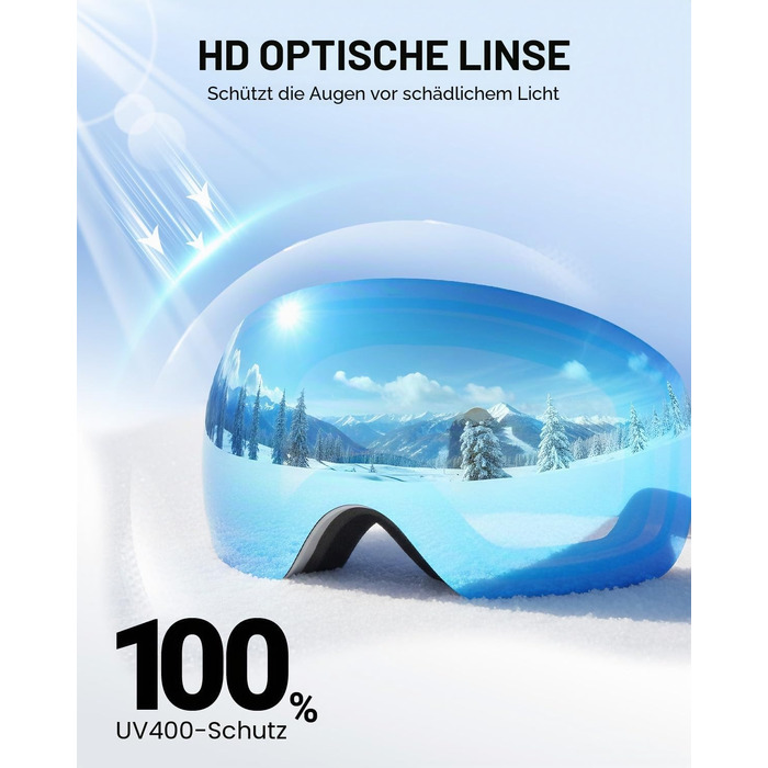 Лижна маска Meeloog безрамкова для сноуборду, протизапотівання, захист UV400, унісекс (Біла рама, лінза Ice blue Vlt14.06%)