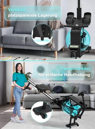Гребний тренажер Neezee для дому з водним опором, Bluetooth-монітором, тримачем для планшета, до 150 кг, вертикальне зберігання, транспортувальні колеса