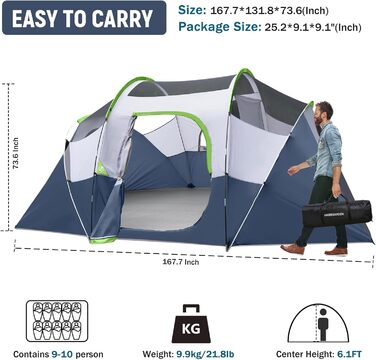 Намет кемпінговий HIKERGARDEN для 6-10 осіб, сімейний, темно-синій 420x330x180 см, легкий у встановленні