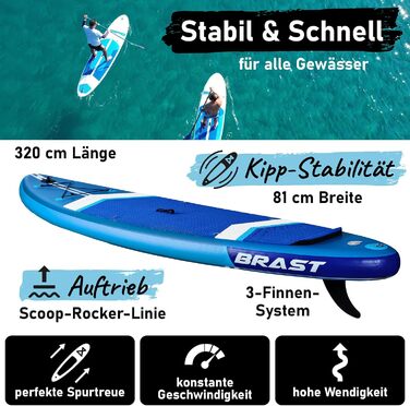 Надувний SUP Board BRAST з LED-підсвіткою | Комплект для станд-ап паддлінгу | 320x81x15 см | 4 дизайни | LED-підсвітка 10 кольорів | 5 років гарантії | 2в1 весло, сидіння для каяка, кріплення для екшн-камери, петля для ніг (Turtle Blue)