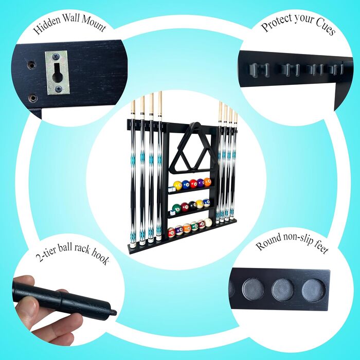 Підставка для кия для більярдного кия, чорна, з масиву дерева, на 8 київ