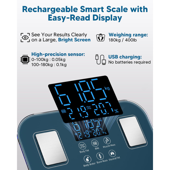 Ваги для тіла Arboleaf з USB зарядкою: аналіз жиру, м'язів, BMI та 14 показників. Цифрові ваги до 180 кг з LED-дисплеєм