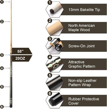Більярдний кий Pool Queue 58 дюймів з канадського клена, 13 мм наконечник, для професійних гравців, 1/2 Maple, 18oz (темно-сірий 21oz)