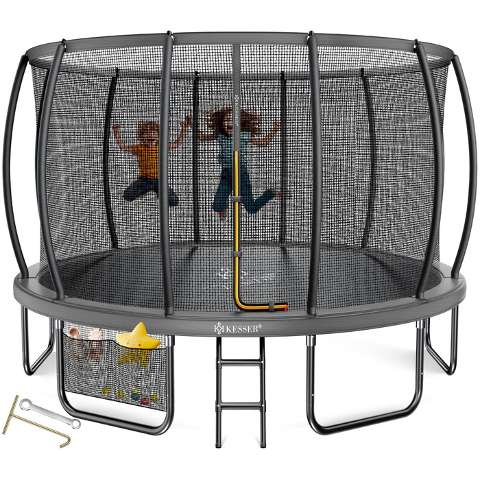 Трамплін KESSER® Outdoor Ø 244/305/366/427 см з сертифікатом GS, для дітей та дорослих (до 150 кг) з сіткою безпеки, сумкою, сходами, захисним бордюром та м'якими стійками сітки (Антрацит, Ø 427 см)