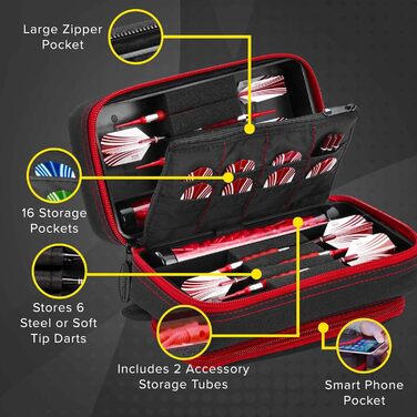 Casemaster Plazma Pro чохол для 6 дротиків (м'які та сталеві наконечники), з великою передньою кишенею для телефону, вбудованими тубусами та кишенями для оперень і наконечників, рубіново-червона окантовка