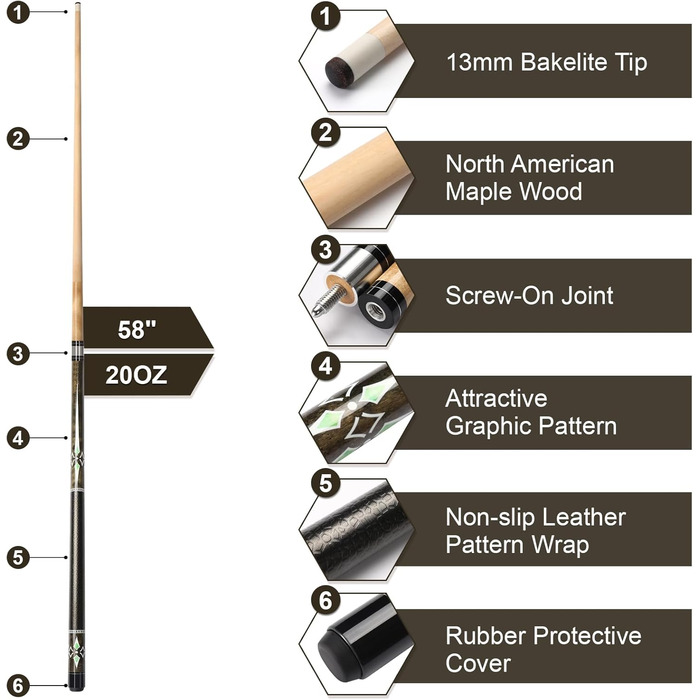 Більярдний кий Pool Queue 58 дюймів з канадського клена, 13 мм наконечник, для професійних гравців, 1/2 Maple, 18oz (темно-сірий 21oz)
