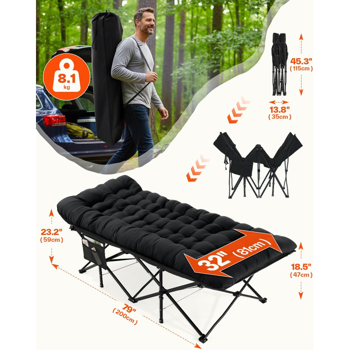 Розкладне ліжко Sportneer для кемпінгу та відпочинку: 200x81x47 см, чорне, з матрацом та сумкою для зберігання