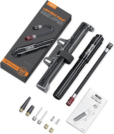 Насос для велосипеда Tiakia Mini 260PSI: компактний ручний насос для Presta, Schrader, Dunlop вентилів. Підходить для BMX, MTB, шосе, електровелосипедів. З кріпленням. Чорний.