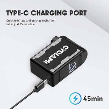 Електричний міні-насос для велосипеда CYCLAMI A2S з USB-C, автоматичним вимірюванням тиску та відключенням при 120 PSI, підходить для ніпелів Presta і Schrader