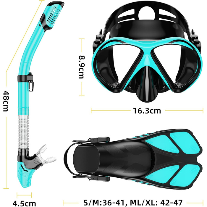Набір для снорклінгу та дайвінгу Smyidel: маска, трубка та ласти (S/M, Aqua Green)