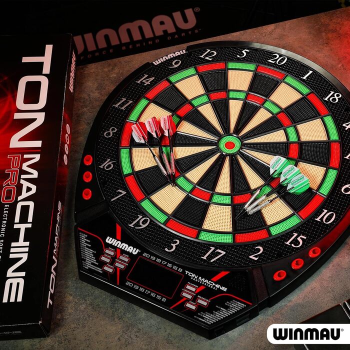 Електронна дартс-мішень Winmau Ton Machine, софт-тип, комплект з 90+ іграми, цифровим дисплеєм для 8 гравців, 2 дротики, лінія кидка, 10 пластикових наконечників