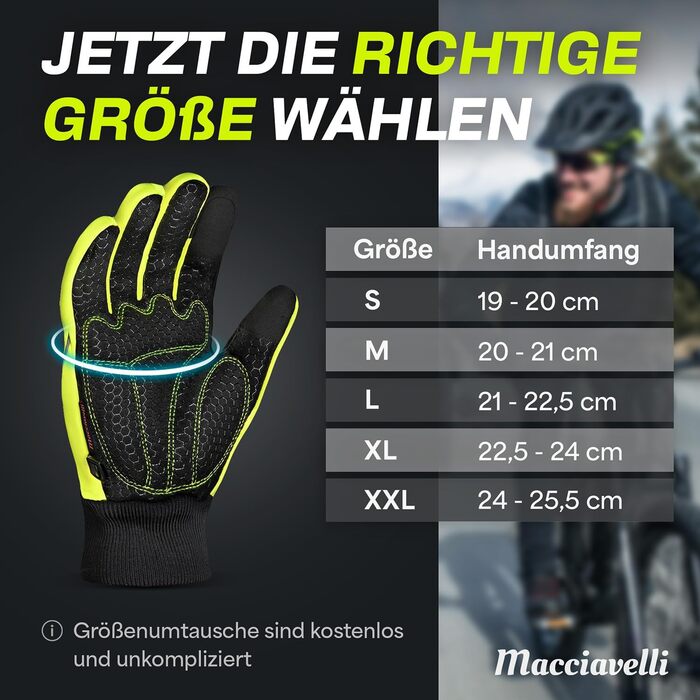 Велосипедні рукавички MACCIAVELLI® для чоловіків та жінок - теплі зимові терморукавички з підтримкою сенсорного екрану для шосе, MTB та гірського велосипеда. Вітро- та водонепроникні, неоново-жовто-зелені