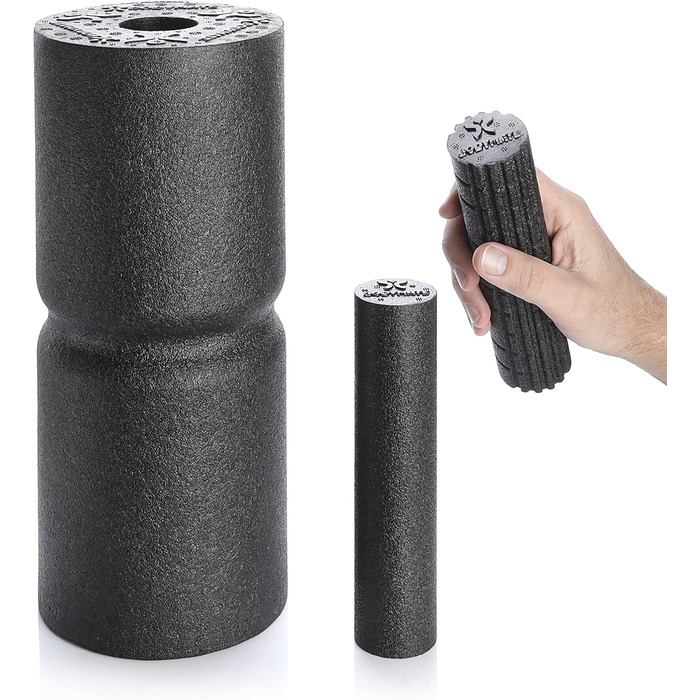 Набір для масажу BODYMATE CARE CORE: ролик для фасцій 35x14 см середньої жорсткості з канавкою, дві малі ролики 20x4,5 см (гладка та з виступами), чорний + електронна книга