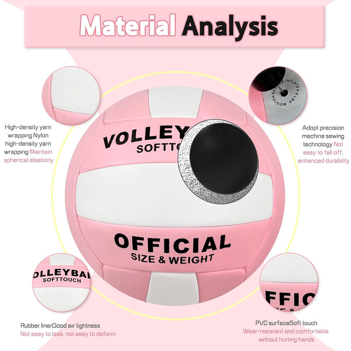 Волейбольний м'яч Aipwerer: для тренувань, пляжу, залу. Водостійкий, Soft Touch, рожевий. У комплекті насос та сумка
