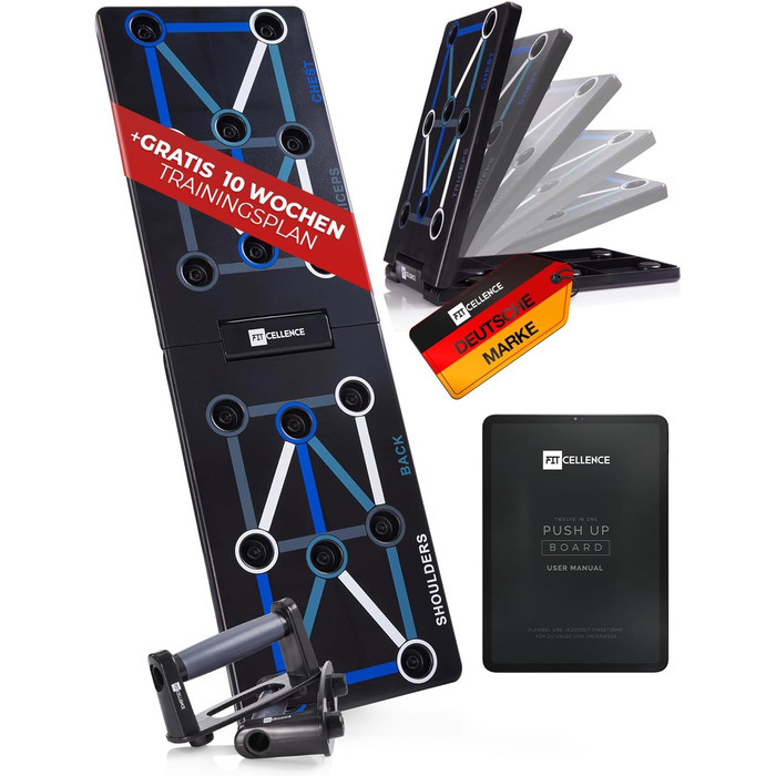 Складне дошка для віджимань 12-в-1 з планом тренувань - Преміум якість [Розроблено в Німеччині] з інструкцією для тренувань