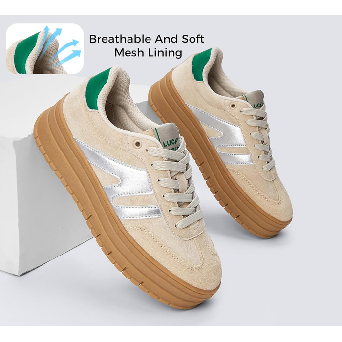 Кросівки LUCKY STEP Plateau Sneaker для жінок - платформа, канвас, ретро стиль, низький профіль, комфортні для повсякденного носіння, 42 EU, бежево-зелені