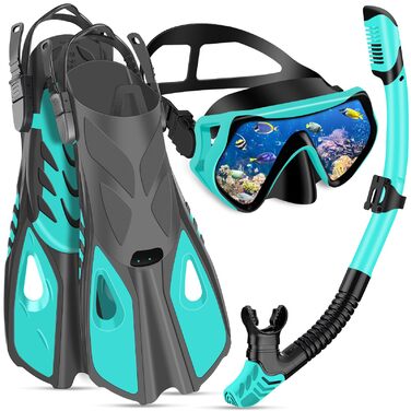 Набір для снорклінгу для дорослих з маскою, трубкою та ластами, 180° панорамне скло, регульовані ласти, сумка, рожевий/зелений - SM/L/XL