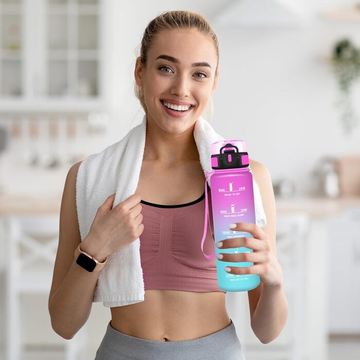 Спортивна пляшка для води 1 л з мітками часу, витокозахисна, рожево-блакитна