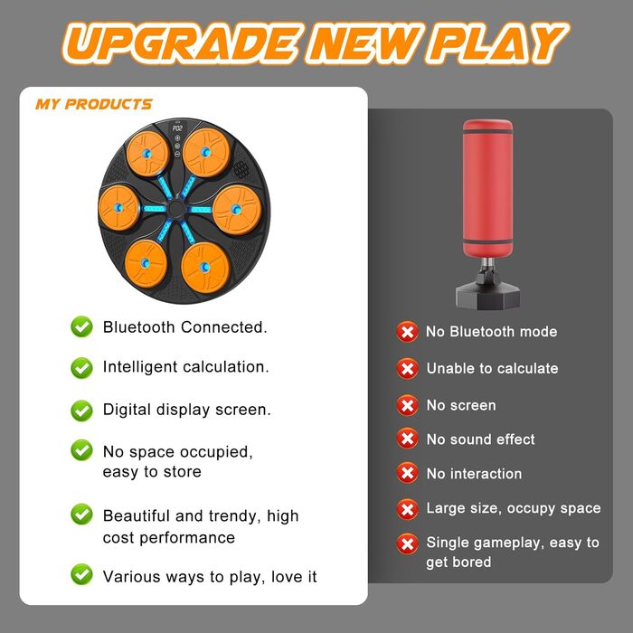 Музична боксерська машина Forhome з LED-підсвічуванням та рукавичками. 9 режимів швидкості, Bluetooth, великий розмір, для дому та спортзалу (чорний)