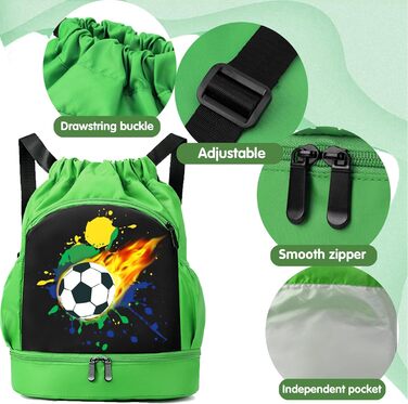 Дитяча спортивна сумка Youyike, водонепроникний рюкзак з відділенням для взуття, спортивна сумка з шнурком, для дівчаток та хлопчиків, футбольний зелений