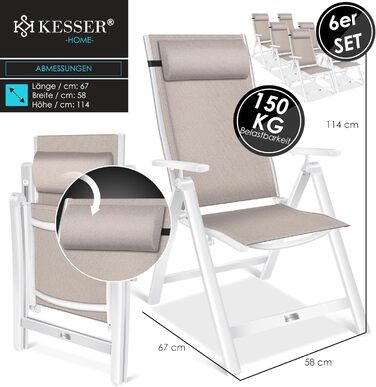 Крісло садове KESSER® з високою спинкою, з підлокітниками, алюмінієве, розкладне, з подушкою та чохлом. Регулювання спинки 7 положень, дихаючий матеріал, вологостійке. 1 шт (6 шт, бежевий)