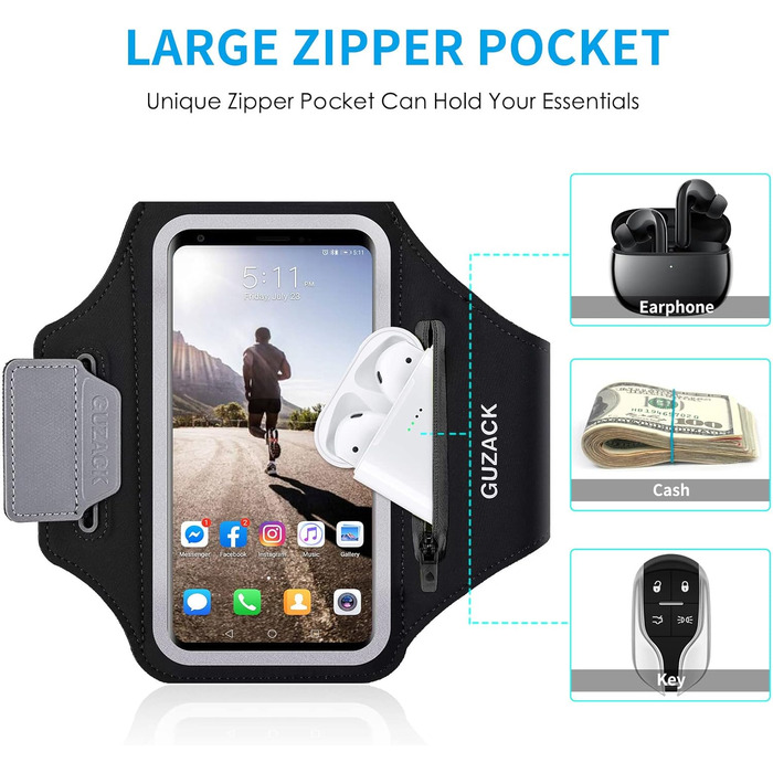 Спортивний браслет для телефону Universal, фіксатор для бігу з навушниками, кишеня для iPhone 16 Pro Max/15 Pro/14 Pro/13/12/11, чорний, на блискавці