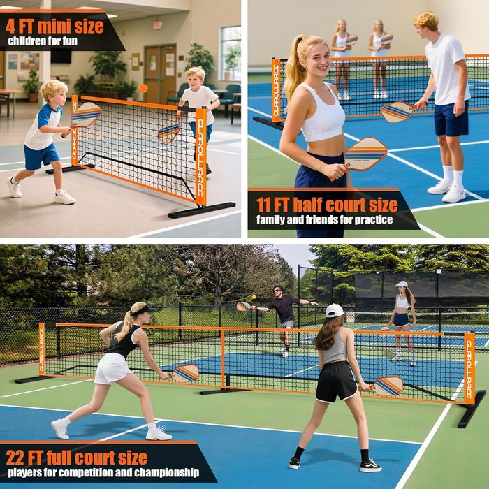 Набір для гри в піклбол 3-в-1 портативний, з сіткою 6.7м x 3м x 1.2м, для внутрішнього та зовнішнього використання (Vitality, помаранчевий)