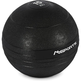MSPORTS Slam Ball Premium 15 кг – медичний м'яч для кросфіту, чорний, гумовий, для тренувань, вага 15 кг