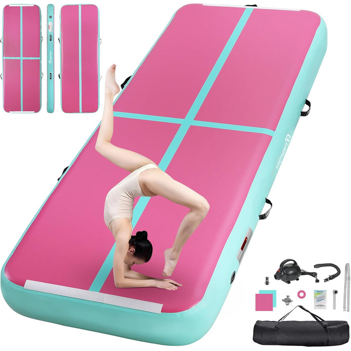 FBSPORT Airtrack Matte - килимок для гімнастики та йоги, 300x100x20 см, зелено-рожевий, з насосом та сумкою