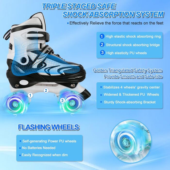 Ролики дитячі регульовані Duzskj для хлопчиків та дівчаток, 4 розміри, чорно-білі