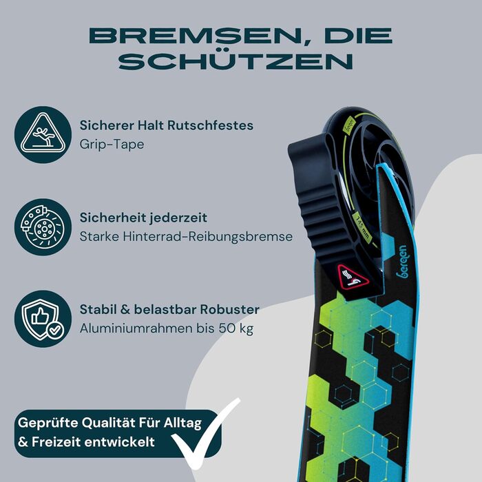 Самокат міський Bergen City Scooter Sonic – алюмінієвий, складаний, колеса PU 145мм, амортизатор, гальмо заднє, регульована висота, для дітей від 5 років, легкий, чорний/білий/синій/зелений