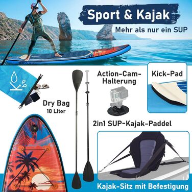 Надувний SUP-борд BRST Tropic | Комплект для станд-ап паддлбордингу | 320x81x15 см | 6 дизайнів | 5 років гарантії | з аксесуарами | 2-в-1: SUP та каяк | кріплення для Action Cam, фіксатор для ноги, насос, рюкзак (Sunset)