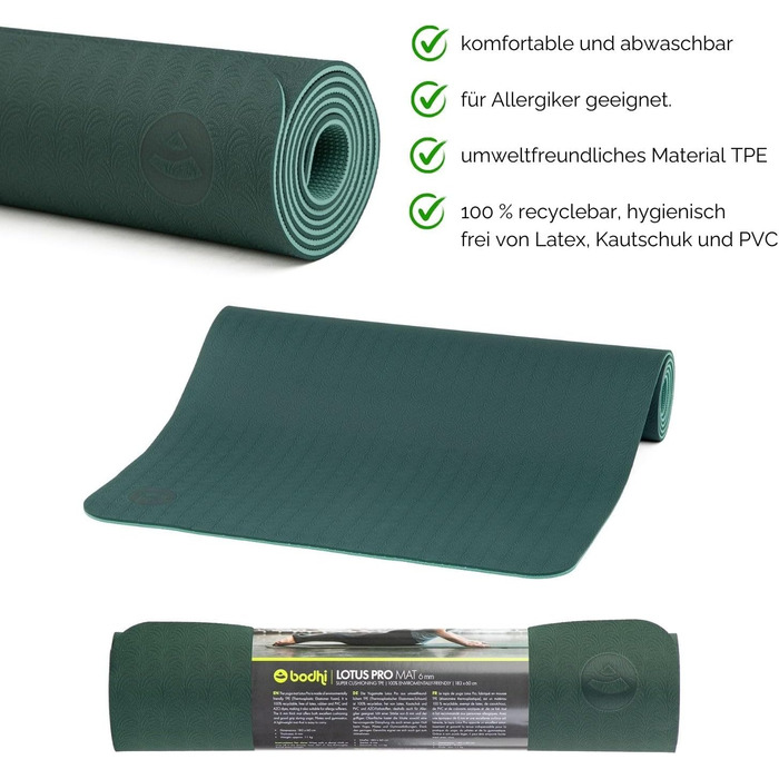 Килимок для йоги Bodhi Lotus Pro | Нековзкий | Для фітнесу, гімнастики, пілатесу та йоги | Антиковзкий | Гіпоалергенний, темно-зелений/зелений