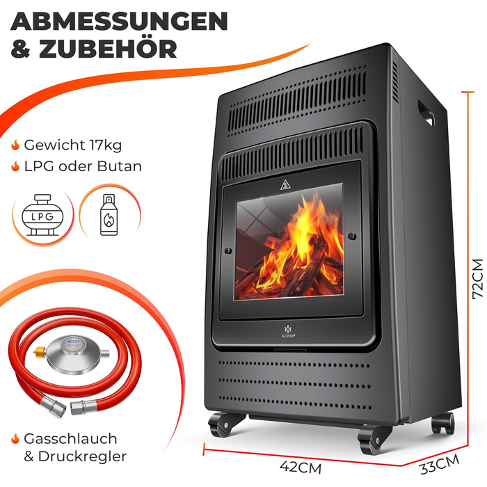 Газовий обігрівач KESSER®: газовий камін-піч, інфрачервоний нагрівач 3,4 кВт, 2 режими, з газовим редуктором та шлангом, для бутану/пропану до 11 кг, антрацит