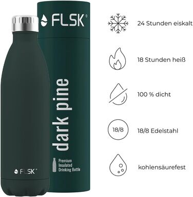 Пляшка для води FLSK, преміум термос з нержавіючої сталі, 750 мл, 100% герметична, для газованих напоїв, зберігає холод до 24 годин і тепло до 18 годин, темно-зелена