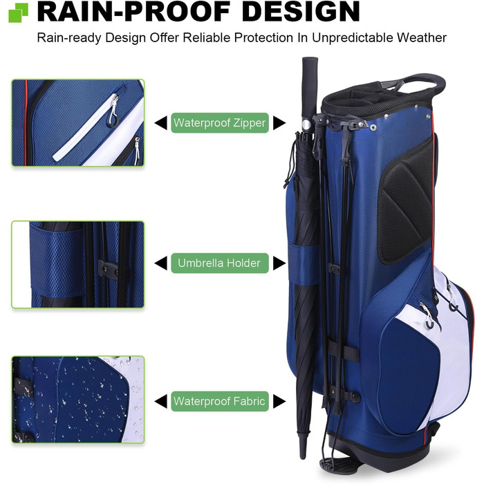 Гольф-сумка MAZEL з 6-ма перегородками, 7 водонепроникними кишенями, великим об'ємом, водонепроникним матеріалом та посиленим підпоясним ременем, легка, синього кольору