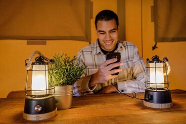 Брененштуль LED акумуляторний кемпінговий ліхтар CAL 1 (350 лм, IP44, до 75 годин роботи, регулювання яскравості, регулювання колірної температури, перезарядна USB лампа з мотузкою з льону та бамбуковою підставкою) USB A