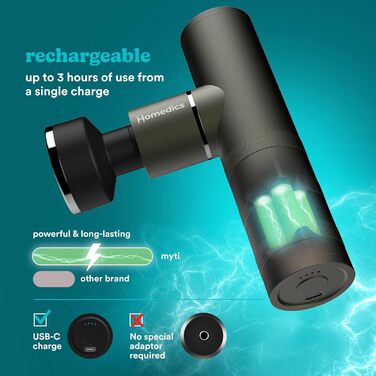 Homedics MYTI Міні масажний пістолет з функцією нагріву – електричний ручний масажер у компактному форматі з 5 насадками та 4 режимами інтенсивності вібрації – масажер для розслаблення м'язів, зелений