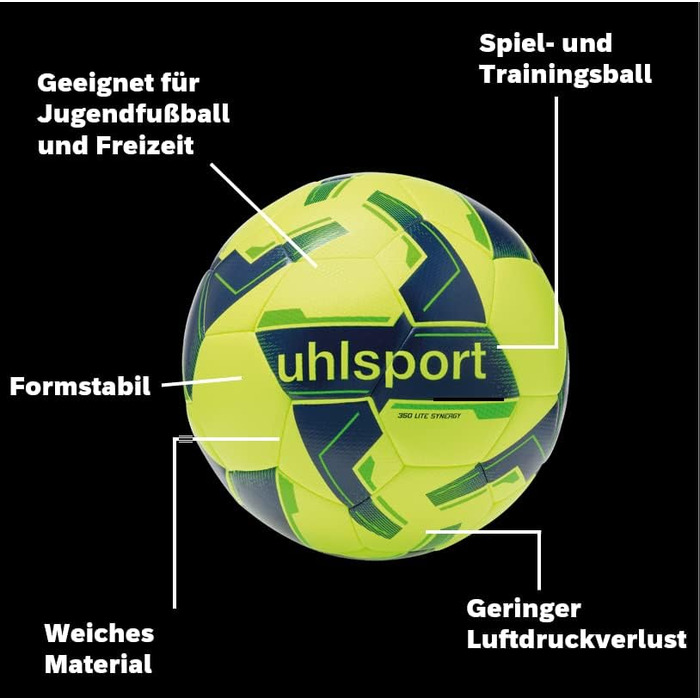 Дитячий футбольний м'яч Uhlsport 350 LITE Synergy, розмір 4, для тренувань і ігор у приміщенні та на траві, флуо-жовтий/темно-синій/флуо-зелений, для дітей 10-12 років