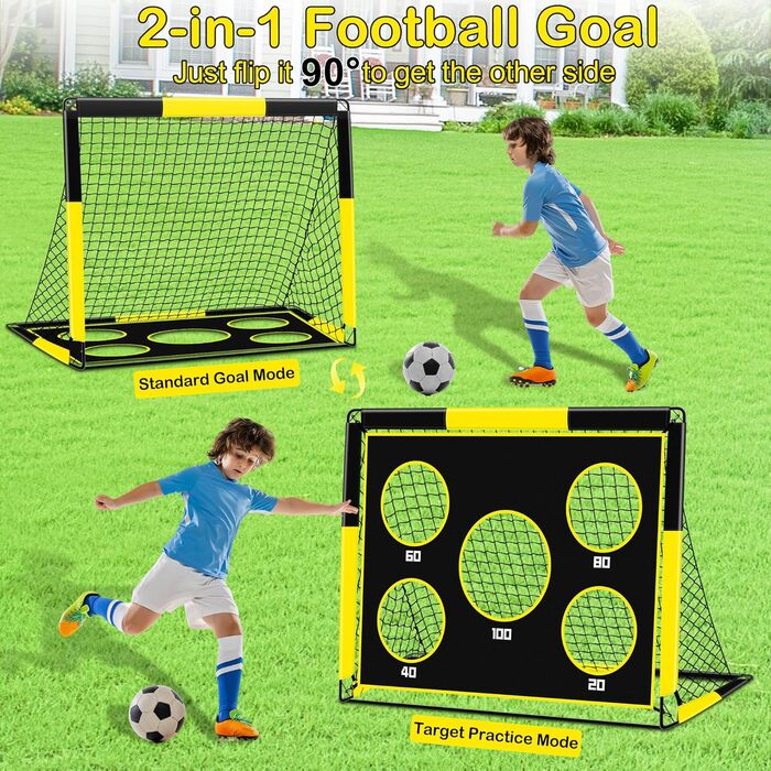 Дитячі воріта для футболу 2-в-1, 150х120 см, портативні та стабільні, з 5 цілями, 4 анкери та сумка, для саду, парку, пляжу (жовті)