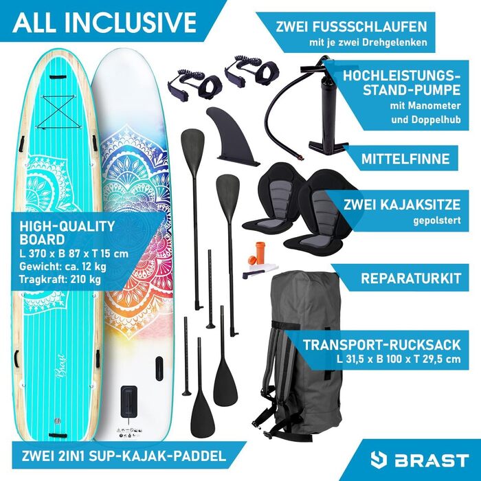 Надувний SUP Board BRASŤ Family | Комплект для сім'ї | XXL | 370x87x15 см, до 210 кг | 7 дизайнів | з аксесуарами (2 сидіння для каяка, 2 петлі для ніг, насос, рюкзак, 2 весла)