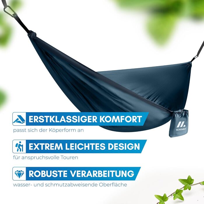 Гамак NORDMUT® Ultraleicht Outdoor з комплектом кріплень. Гамак для кемпінгу, відпочинку на природі та в саду. Максимальне навантаження 300 кг. Зелений (140x275 см, Синій)