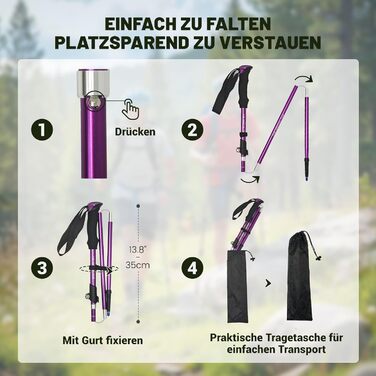 Чоловічі та жіночі палки для скандинавської ходьби, 2 шт. Телескопічні палки для трекінгу з алюмінію з гумовими амортизаторами, фіолетовий колір