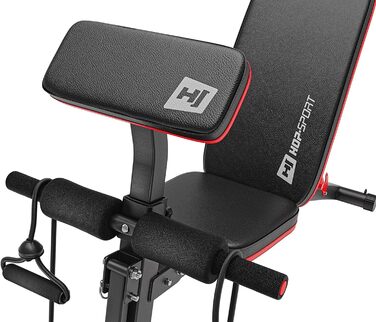 Універсальна лава для жиму Hop-Sport HS-1035 з підставкою для біцепса, регульована тренувальна лава з товстою оббивкою, для жиму лежачи та тренування всього тіла, чорна/червона