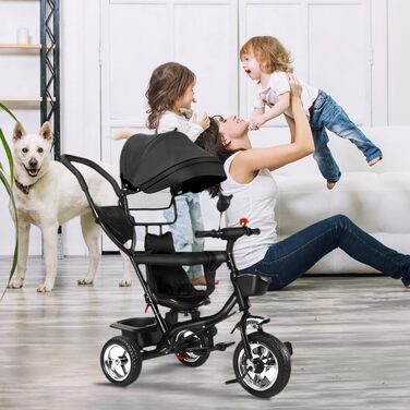 Триколісний велосипед 4-в-1 для дітей від 1 року з батьківською ручкою – чорний. Регульоване сидіння, обертовий сидіння, складна тента та кошик. До 25 кг, 1-4 роки