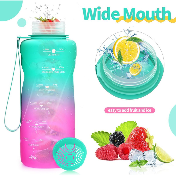 Дитяча спортивна пляшка для води 2л, 1.5л, 1л, 700мл, 500мл. Без витоку, з маркуванням часу. BPA Free Tritan для дівчаток та хлопчиків, школи, спортзалу. Смарагдово-фіолетовий колір.