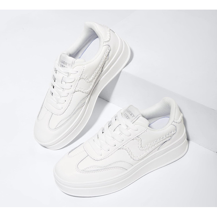 Жіночі кросівки на платформі LUCKY STEP – модні масивні кросівки, зручні шнурівки для повсякденного носіння та прогулянок з прошитими деталями, чорно-білі (білі, 42 EU)