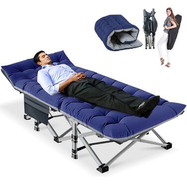 Складне кемпінгове ліжко з матрацом та кишенями, вантажопідйомність 200 кг, сталевий каркас, Oxford тканина, 190 x 71 x 36 см, для саду, офісу, кемпінгу, басейну, блакитне
