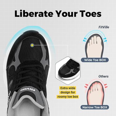 Кросівки FitVille для чоловіків, широкі, спортивні, з неслизькою підошвою, дихаючі, для бігу по вулицях, Outdoor, для джогінгу, фітнесу, зручні, для широкої стопи, 40 EU, X-широкі, чорні з сірим кольором