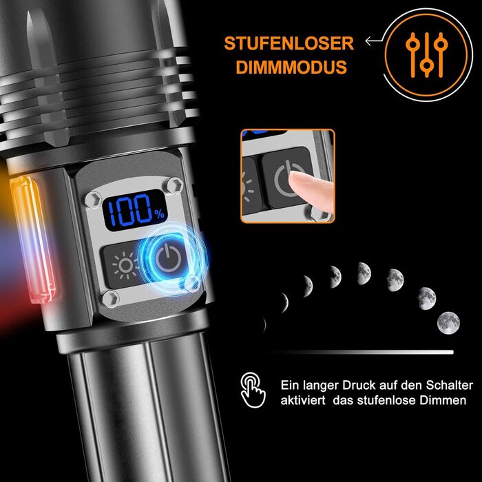 Тактична ліхтарик Relybo: перезарядна, 1000000 люмен, 9 режимів, COB бічне світло, USB-C, для кемпінгу та надзвичайних ситуацій